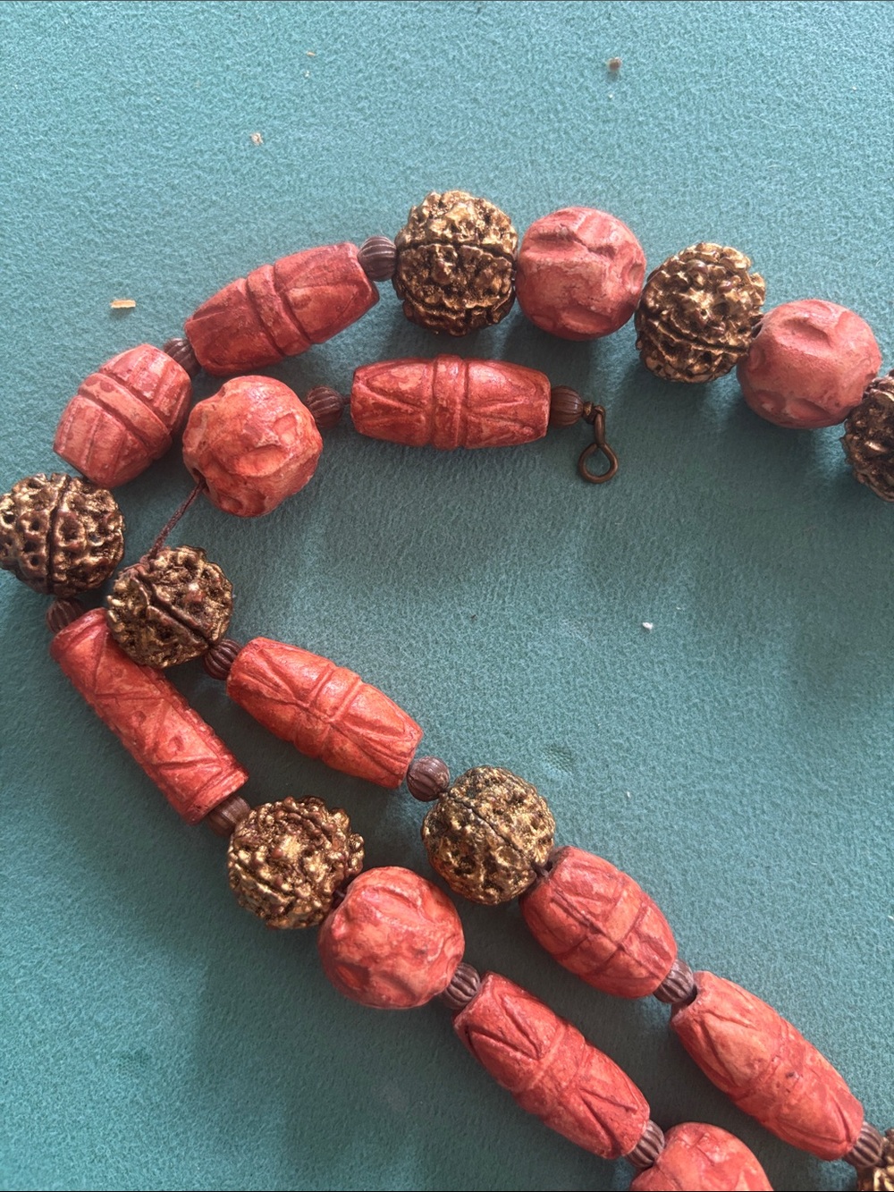Vintage rare Chinese Carved Cinnabar coral  Bead gold bead necklace - Picture 4 of 7